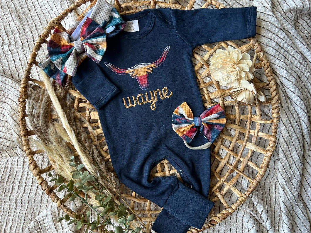 Personalized Baby Girl Outfit | Navy Romper - Western Longhorn Roping Baby Name