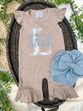 Load image into Gallery viewer, Personalized Baby Girl Outfit | Mocha Brown Flutter Sleeve Ruffle Romper Floral White Blue Baby Name
