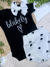 Load image into Gallery viewer, Personalized Baby Girl Outfit | Black Bodysuit Hearts Skirt White Baby Name
