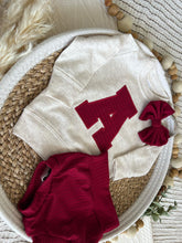 Load image into Gallery viewer, Personalized Baby Sweatshirt Set | Oatmeal Pullover Red Letter Game Day Baby Name
