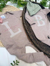 Load image into Gallery viewer, Personalized Twin Outfit | Mocha Brown Romper Beige Stripe Pink Green Baby Name
