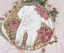 Load image into Gallery viewer, Personalized Baby Girl Newborn Outfit | Oatmeal Zip Romper Custom Color Baby Name
