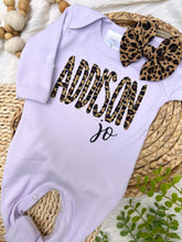 Load image into Gallery viewer, Personalized Baby Girl Outfit | Purple Romper Leopard Print Baby Name
