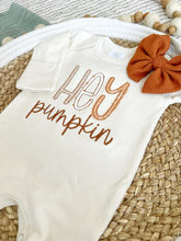 Load image into Gallery viewer, Fall Baby Outfit | Oatmeal Brown Romper Hey Pumpkin
