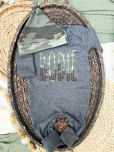 Load image into Gallery viewer, Personalized Baby Boy Outfit | Charcoal Gray Romper Green Camo Baby Name
