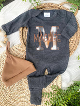 Load image into Gallery viewer, Personalized Baby Boy Name Outfit | Charcoal Gray Romper Tan Gray Plaid Initial
