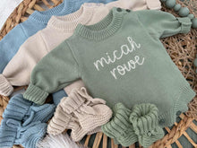 Load image into Gallery viewer, Personalized Baby Boy Outfit | Sweater Bubble Romper Beige Sage Navy Blue Baby Name
