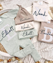 Load image into Gallery viewer, Personalized Baby Boy Outfit | Oatmeal, Sage, Mocha Romper Beige Stripe Initial Baby Name
