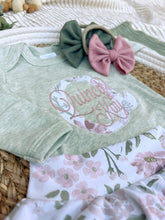 Load image into Gallery viewer, Personalized Baby Girl Outfit | Sage Green Bodysuit Small Flowers Skirt Pink Baby Name
