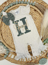 Load image into Gallery viewer, Personalized Baby Girl Outfit | Oatmeal Flutter Sleeve Ruffle Romper Floral Green Baby Name

