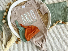 Load image into Gallery viewer, Personalized Baby Boy Outfit | Mocha Brown Knotted Gown Green Orange Custom Baby Name
