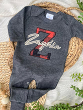 Load image into Gallery viewer, Personalized Baby Boy Name Outfit | Charcoal Gray Romper Red Buffalo Plaid Initial Tan Felt Name
