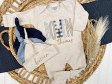 Load image into Gallery viewer, Personalized Baby Boy Outfit | Oatmeal Romper Blue Beige Plaid Neutral Baby Name
