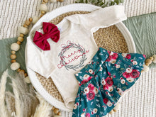 Load image into Gallery viewer, Baby&#39;s First Christmas Girl Outfit | Oatmeal Bodysuit Christmas Floral Skirt - Merry Christmas
