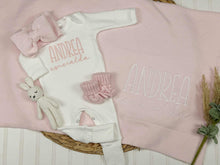 Load image into Gallery viewer, Personalized Baby Girl Outfit | White Cotton Romper Pink Baby Name
