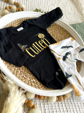 Load image into Gallery viewer, Personalized Baby Boy Outfit | Black Bodysuit Pumpkins Custom Name - Halloween
