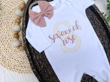 Load image into Gallery viewer, Personalized Baby Girl Outfit | White Romper Ivory Lace Letter Pink Baby Name
