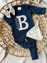 Load image into Gallery viewer, Personalized Baby Girl Outfit | Navy Romper - Speckled Polka Dot Oatmeal Beige Initial Baby Name
