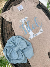 Load image into Gallery viewer, Personalized Baby Girl Outfit | Mocha Brown Flutter Sleeve Ruffle Romper Floral White Blue Baby Name
