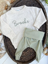 Load image into Gallery viewer, Personalized Baby Name Sweatshirt Set | Oatmeal Pullover Sage Green Pants - Brooks
