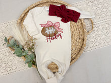 Load image into Gallery viewer, Baby Girl Football Outfit &amp; Bow | Personalized Baby Game Day Romper

