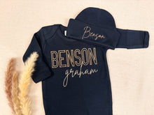 Load image into Gallery viewer, Personalized Baby Boy Coming Home Outfit – Navy Footie &amp; Hat

