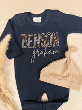 Load image into Gallery viewer, Personalized Baby Boy Coming Home Outfit – Navy Footie &amp; Hat
