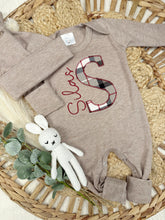 Load image into Gallery viewer, Personalized Baby Boy Name Outfit | Mocha Brown Romper Red Plaid Initial
