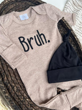 Load image into Gallery viewer, Baby Outfit | Mocha Brown Romper Black Embroidered Bruh.
