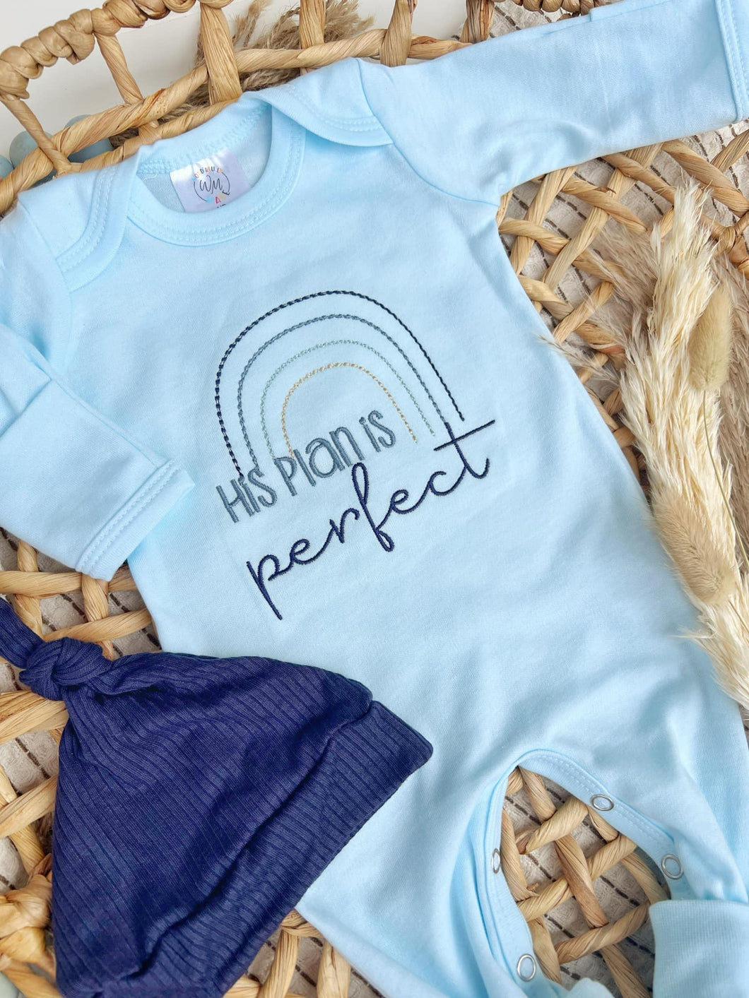 Baby Boy Outfit | Light Blue Romper His Plan Is Perfect Blue Rainbow