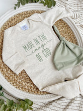 Load image into Gallery viewer, Baby Outfit | Oatmeal Romper Made In The Image Of God Sage Green

