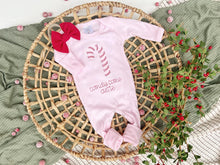 Load image into Gallery viewer, Christmas Baby Outfit | Light Pink Romper Candy Cane Cute
