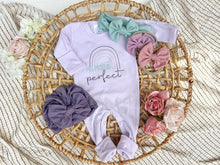 Load image into Gallery viewer, Baby Girl Outfit | Purple Romper His Plans Are Perfect Pink Blue Rainbow
