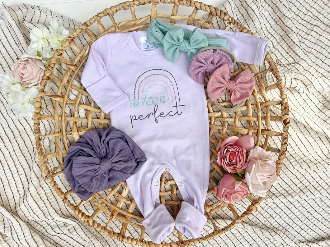 Baby Girl Outfit | Purple Romper His Plans Are Perfect Pink Blue Rainbow