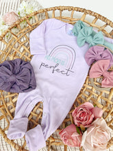 Load image into Gallery viewer, Baby Girl Outfit | Purple Romper His Plans Are Perfect Pink Blue Rainbow
