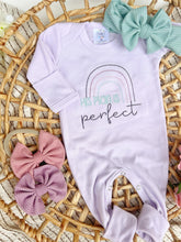 Load image into Gallery viewer, Baby Girl Outfit | Purple Romper His Plans Are Perfect Pink Blue Rainbow
