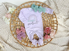 Load image into Gallery viewer, Baby Girl Outfit | Purple Romper His Plans Are Perfect Pink Blue Rainbow
