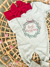 Load image into Gallery viewer, Christmas Baby Outfit | Sage Green Romper Baby First Christmas Wreath
