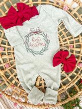 Load image into Gallery viewer, Christmas Baby Outfit | Sage Green Romper Baby First Christmas Wreath
