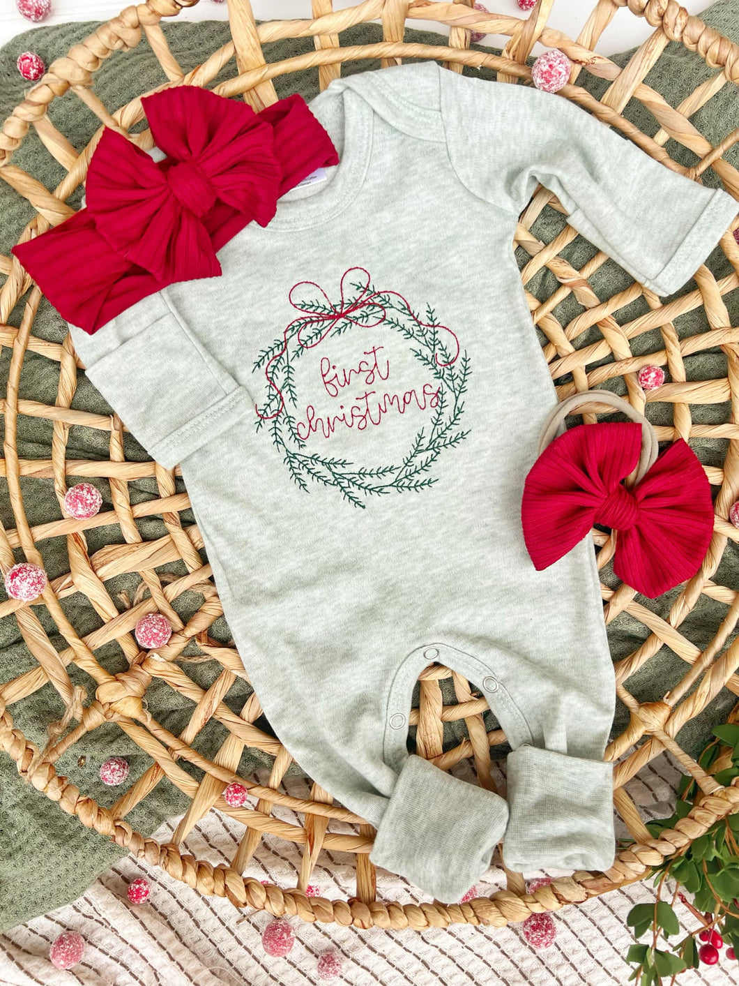 Christmas Baby Outfit | Sage Green Romper Baby First Christmas Wreath