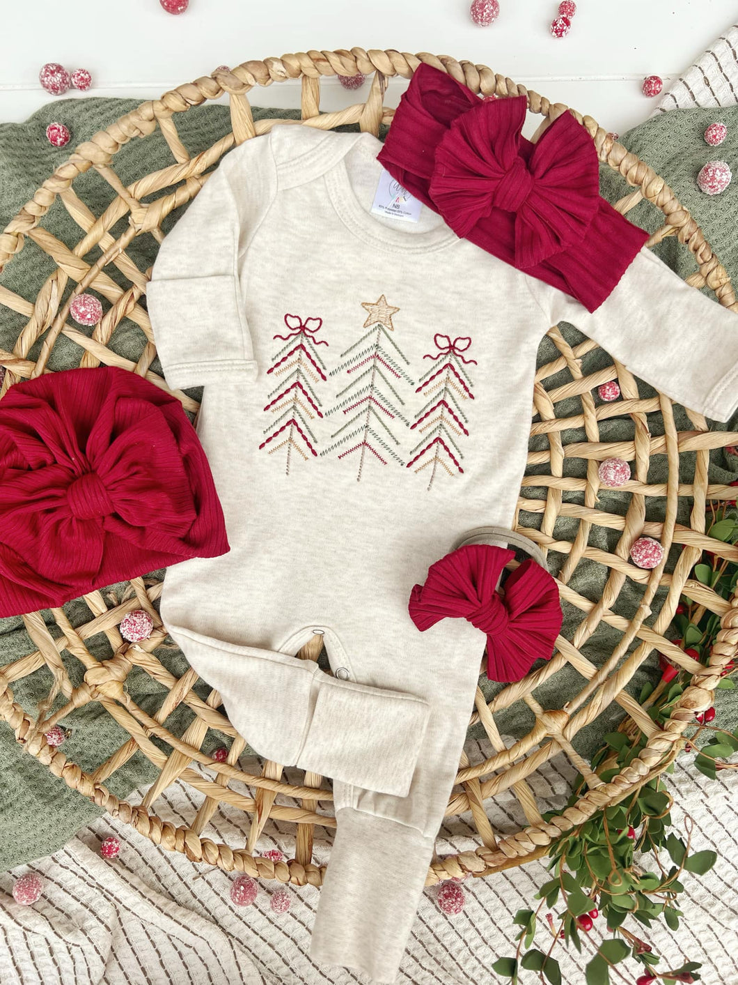 Christmas Baby Outfit | Oatmeal Romper Christmas Trees
