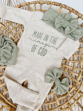 Load image into Gallery viewer, Baby Outfit | Oatmeal Romper Made In The Image Of God Sage Green
