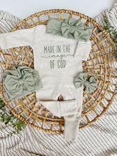 Load image into Gallery viewer, Baby Outfit | Oatmeal Romper Made In The Image Of God Sage Green
