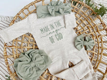 Load image into Gallery viewer, Baby Outfit | Oatmeal Romper Made In The Image Of God Sage Green

