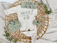 Load image into Gallery viewer, Baby Outfit | Oatmeal Romper Made In The Image Of God Sage Green
