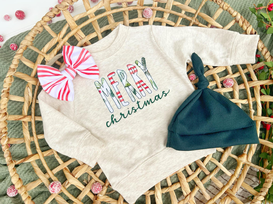 Baby Outfit | Oatmeal Pullover Sweatshirt Merry Christmas Red Green