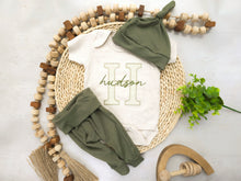 Load image into Gallery viewer, Personalized Baby Boy Outfit | Oatmeal Beige Bodysuit Green Stripes Big Letter Custom Name - Hudson Green
