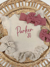 Load image into Gallery viewer, Personalized Baby Girl Newborn Outfit | Oatmeal Ruffle Sweater Romper Custom Color Baby Name
