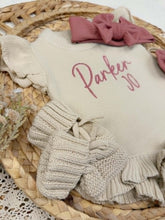 Load image into Gallery viewer, Personalized Baby Girl Newborn Outfit | Oatmeal Ruffle Sweater Romper Custom Color Baby Name
