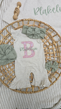 Load image into Gallery viewer, Personalized Baby Girl Outfit | Oatmeal Flutter Sleeve Romper Pink Big Initial Sage Custom Name

